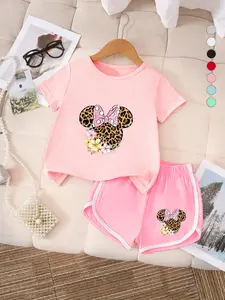 Summer Girls Casual Sportswear Set, Leopard Minnie Print Top, Polka Dot Bow, Loose Comfortable Shorts, 2-7 Years, Soft Breathable Fabric Clothes, Outfit