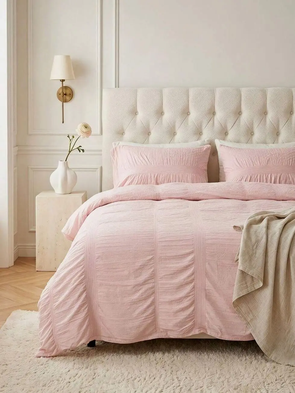 Cirelle Blush Pink Duvet Cover Set, Shabby Chic Ruched Pintuck Bedding with Pillow Shams, Romantic Soft Comforter Cover, Elegant Bedroom