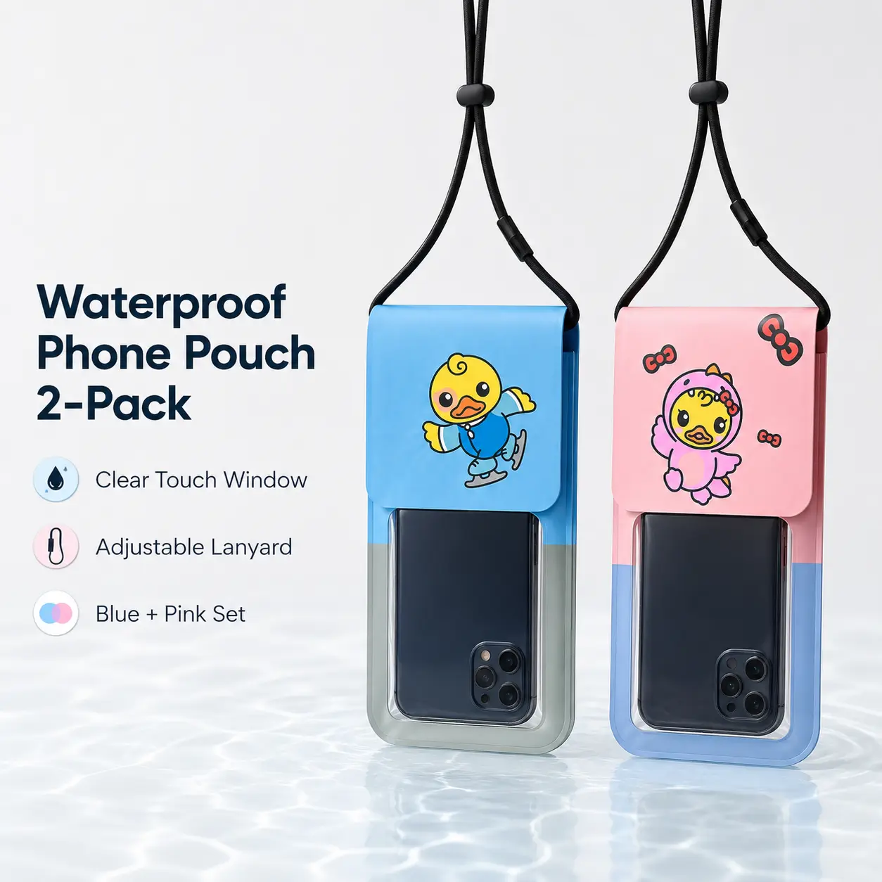 2 Pack Phone Pouches with Clear Touch Window and Neck Lanyards, Blue & Pink, Multi-Layer Closure for Pool, Beach, Cruise, Water Park, Travel and Everyday Carry, Adult Use waterproof case