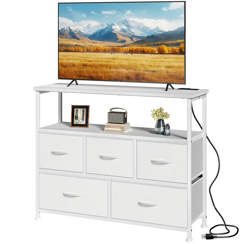 Sweetcrispy Sturdy 39.3" Wide Wood 5-Drawer Fabric Vertical Chest of Drawers - Practical Dresser with Charging Station, 3 AC Outlets, 2 Open Shelves, Modern Cupboards, Clothing Storage Cabinets for Bedroom, Living Room