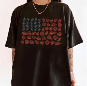 [Made in USA] USA Coastal Shell Shirt, Patriotic Beach Lover Tee, Seashell American Flag Tee, Anniversary 4th of July Tee, 250 Years Shirt, USA 1776 Shirt