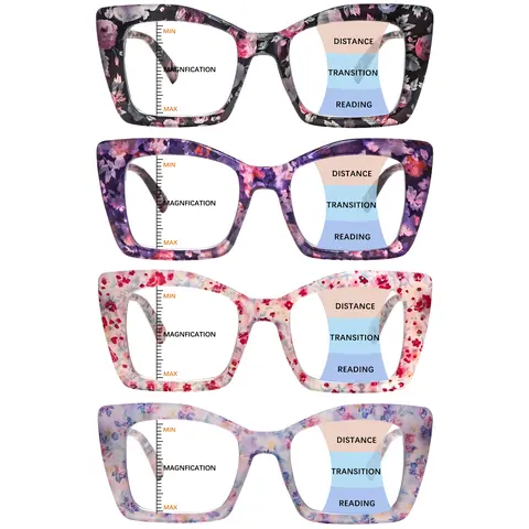 4 Pack Progressive Multifocus Reading Glasses for Women Blue Light Blocking Oversized Square Computer Spring Hinges Readers Eyeglass Vision Eyeglass Lens