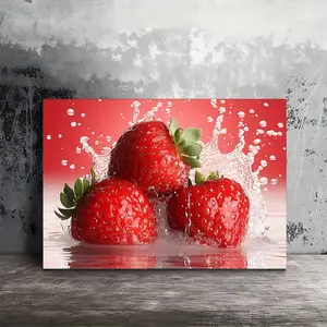 [2D Flat] 1 Piece Wooden Frame 2D Flat Vibrant Red Strawberry Splash Canvas Art Painting |    - Suitable for living room, bedroom, kitchen, office decoration - Rich and vibrant berry print, perfect gift, suitable for indoor use