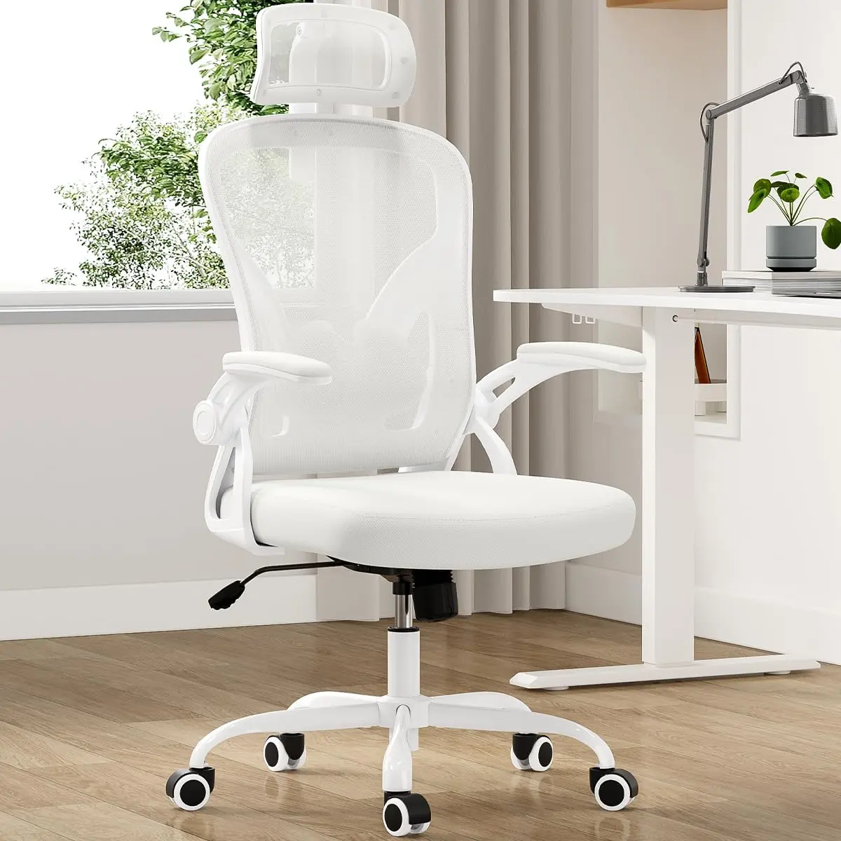 Gift for New Home - Ergonomic Office Chair, Home Office Desk Chair with Headrest, High Back Computer Chair with Armrests and Adjustable Lumbar Support for Home Office Study Room, White & White