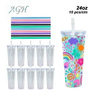 AGH US Exclusive 24OZ Plastic Leak-proof Snow Globe Double wall acrylic tumbler cups with Clear lids and bubble tea straws 10pcs/carton