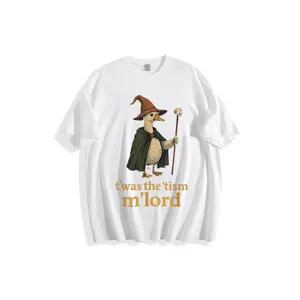 Wizard Duck "Twas the 'Tism M'lord" Funny Whimsical Art Black Background Printed T-Shirt - Crew Neck Novelty Graphic Cotton Tee, Humorous Fantasy Gift for Duck Lovers Pop Culture Fans