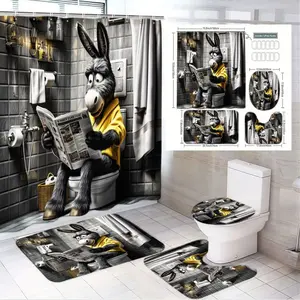 1/4pcs Whimsical Cartoon Donkey Bathroom Curtain Set - Yellow Shirt Donkey Reading Newspaper Shower Curtain Sets with Matching 4 - Piece Bath Mats, Gray Tiled Wall & White Fixtures, Perfect for Spring Easter & Daily Bathroom Decor, Clean & Bright Monoch