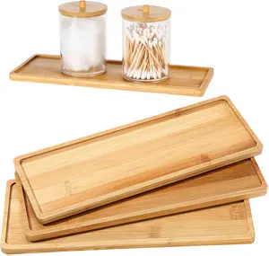 Bamboo Tea Serving Tray 3 Pcs Decorative Multi Use Bathroom Counter Tray with Edges Bamboo Vanity for Dresser Food Coffee Tea Snack Tissues Candles, 11 x 4 Inch(Rectangle Edge Style) Charlotte Serving Tray