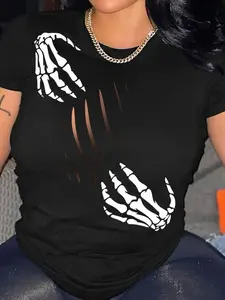 Women's Slim-Fit Halloween Skull Skeleton Print T-Shirt, Casual Fashion Short Sleeve Top, Summer Graphic Tee for Ladies, All Seasons Wear