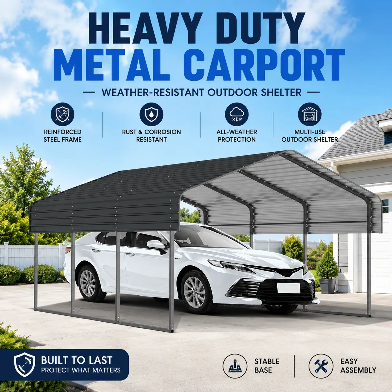 10x15 FT Heavy Duty Metal Carport, Outdoor Steel Garage Shelter with Galvanized Roof for Cars, Boats & Trucks
