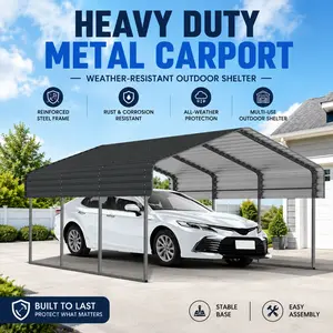 10x15 FT Heavy Duty Metal Carport, Outdoor Steel Garage Shelter with Galvanized Roof for Cars, Boats & Trucks