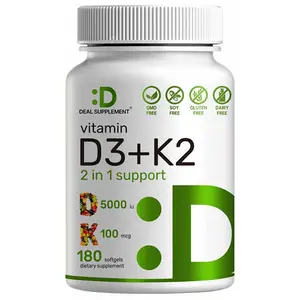 Dietary Vitamin D3 & K2 Veggie Softgels - 250 Count, 5000 IU D3, 100mcg K2 MK7, Healthcare Supplement for Bone, Tooth, Heart & Immune Support, Calcium Aid