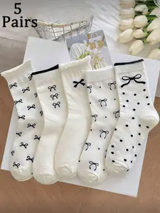 Women's Cream Color Cute Bowknot & Flower Lace Knee High Socks, Soft Comfortable, Versatile Daily Wear, Suitable for Academic Style