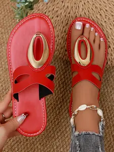 Women's Metal Hollow Out Toe Flat Sandals, Open Toe Sandals, PU Leather Upper, Rubber Sole, Above Ankle Comfortable Shoes for Holiday & Commuting