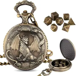 Mini Metal DND Dice Set 7Pcs Polyhedral Dice with Border Dragon Pattern Pocket Watch Shell Case Portable Role Playing Board Game Tabletop Game Accessories Dark Silver