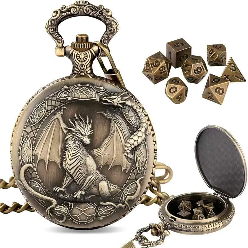 Mini Metal DND Dice Set 7Pcs Polyhedral Dice with Border Dragon Pattern Pocket Watch Shell Case Portable Role Playing Board Game Tabletop Game Accessories Dark Silver
