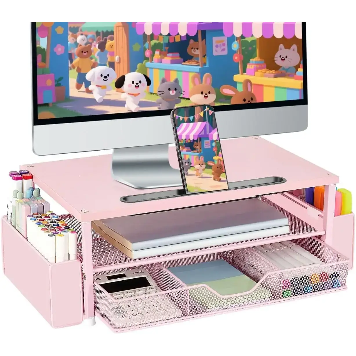 Pink 2-Tier Wood Computer Monitor Stand with Drawer, Pen Storage & Phone Holder, Desk Accessories for Office Workspace Desktop Organization