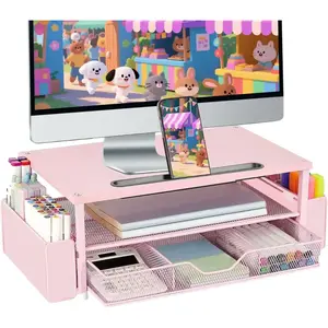 Pink Desk Organizers and Accessories, 2-Tier Wood Computer Monitor Stand with Drawer, Pen Storage & Phone Holder, Office Desk Accessories, Workspace Desktop Organization for Office Supplies