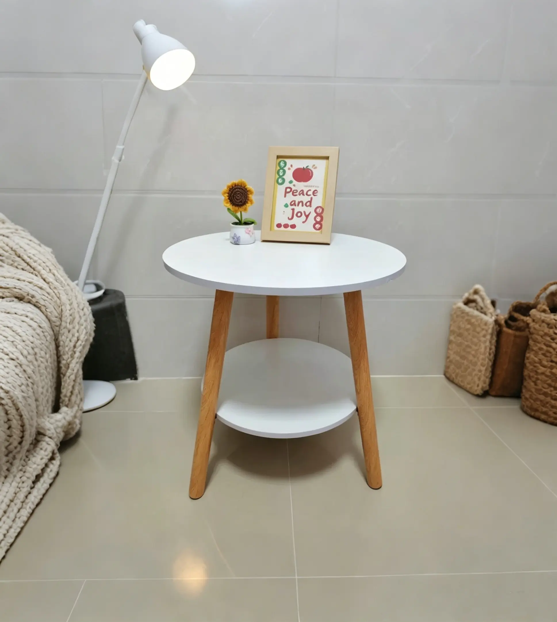 Nordic Round Coffee Side Table with Storage Shelf, Small Sofa Side Table for Couch Bedroom Balcony