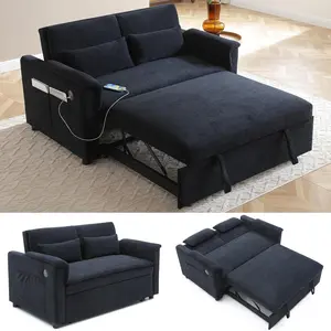 55.5" Sleeper Sofa Couch with Pullout Bed, Futon Loveseat Lounge Couch, 3-in-1 Convertible Sleeper Sofa Bed wih Adjustable Backrest with USB Ports, Modern Velvet Twin Pull Out Couch for Living Room (Black)