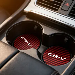 2 Pcs Car Coaster Water Cup Holder, Anti-Slip PU Leather & Carbon Fiber Striped Design, Fits Honda Cr-V, Durable Protection Protector