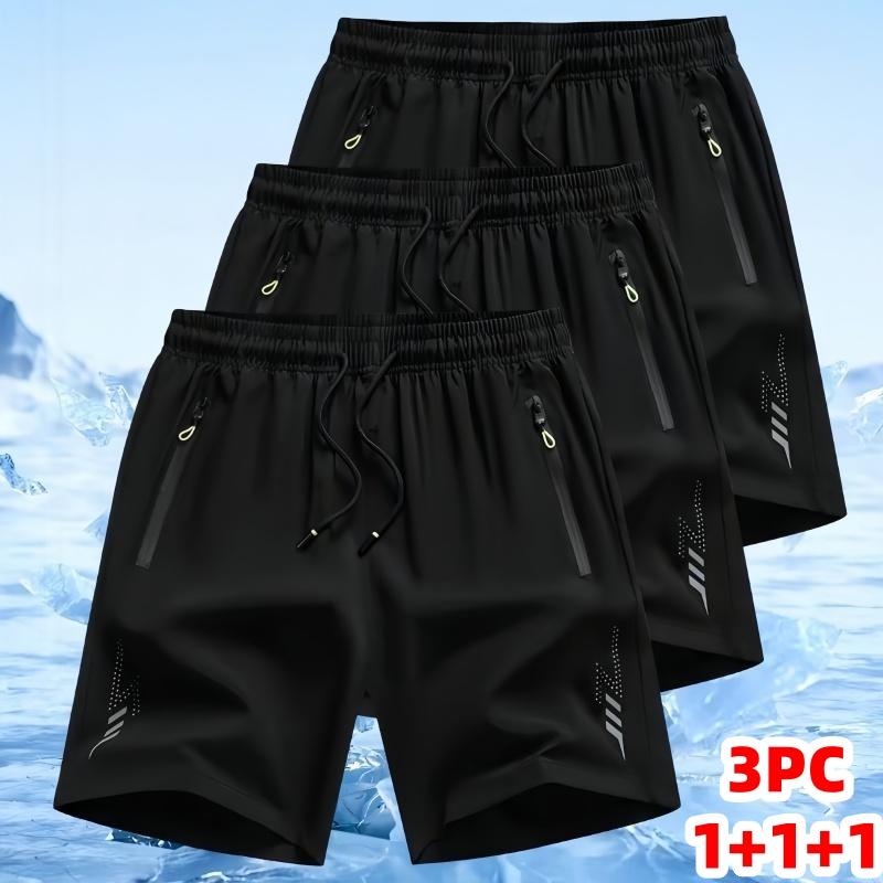 Men’s 3-Pack High Stretch Ice Silk Quick-Dry Athletic Shorts, Drawstring Elastic Waist, Lightweight Breathable, Zip Pockets, Soft Non-Sticky Cool Bottoms for Gym, Running, High Stretch Men's Shorts