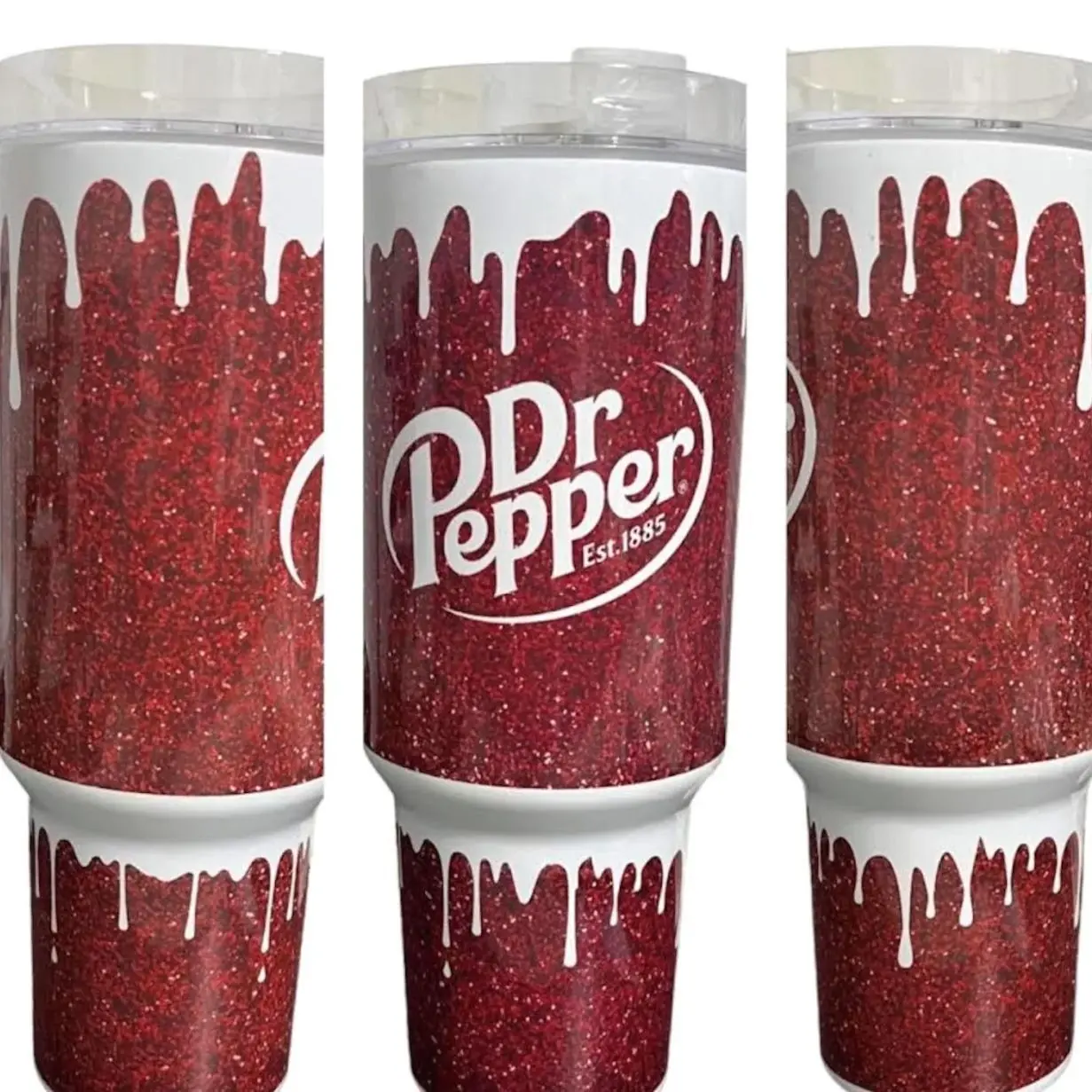 40oz Stainless Steel Dr Pepper Tumbler - Double-Wall Insulated, Tapered, Paint Drip & Glitter Design, with Handle, Ideal for Gifts, Father's Day Gifts
