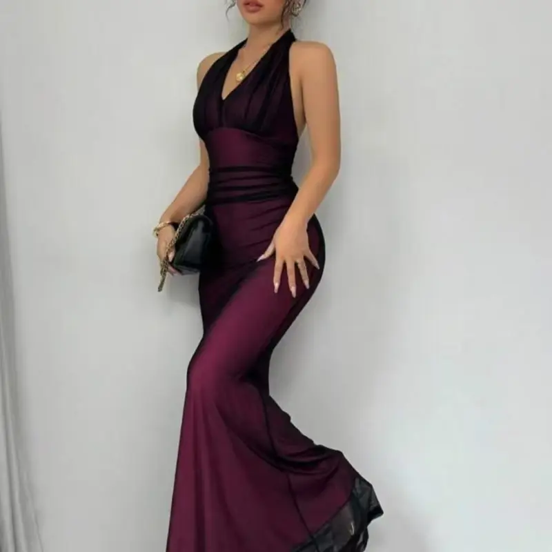 Women's Fashion Sleeveless Halter Neck Mesh Fabric Breathable Dress, Casual Slim-Fitting Midi Dress, Plain Pattern, All Seasons Wear, formal dress