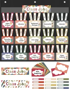 Class Jobs Pocket Chart with 16 Pockets and 76 Cards, Classroom Management Helper Tools, School Teacher Essentials Supplies, Bulletin Board for Classroom(Black)