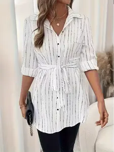 Women's Long Sleeve Shirt with Adjustable Waistband, with Stripes or Polka Dots, Casual Office Wear
