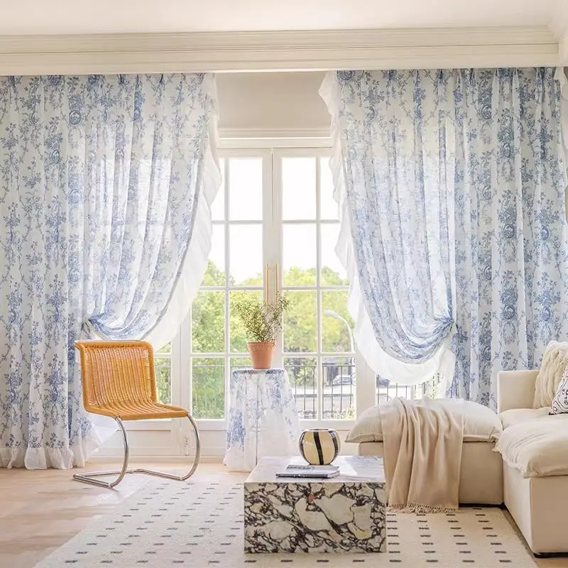 1pc French Vintage Print Linen Sheer Curtain Set, Window Curtain, Home Decoration Curtain, Home Decorative Curtain, Sheer Printed Curtains, Ruffle Edge, Transparent Light Blocking, Multi-Stick Fit, Elegant Bedroom Balcony Decor
