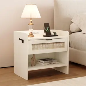 White Rattan Nightstand, Bedside Table, Night Stand with Type-C Charging Station, 1 Storage Drawer and Open Storage Space, with Hook Included, Suitable for Bedroom, Office as a End Table, Side Tables