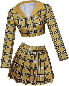 Clueless Cher Cosplay Costume Dress Yellow Plaid Crop Top Skirt Suit Halloween Outfit for Women Girls