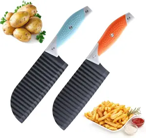 2PCS Crinkle Cut Knife, Crinkle Cutter for Veggies, Potato, French Fry, Cucumber, Carrot and Fruit, Stainless Steel Wave Fries Cutter Slicer with Rubber Handle, Dishwasher Safe (Orange+Blue)