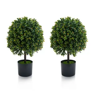2PCS Home Topiary Trees Artificial Outdoor, Milan Grass Ball Topiary Trees with Double Balls Boxwood Ball Trees for Porch, Home, Garden Decor