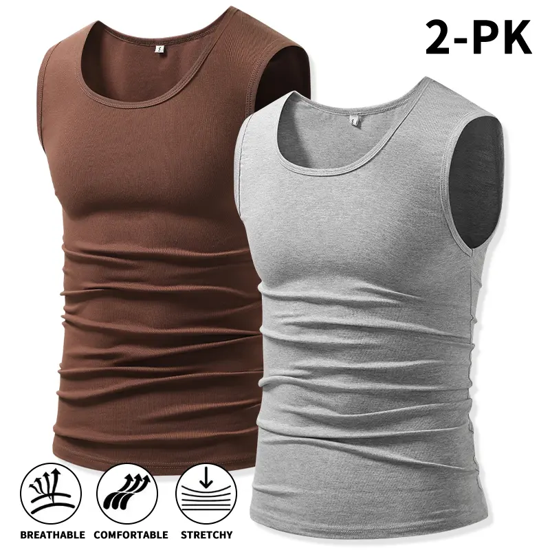 Men’s ribbed tank tops, 2-pack — sleeveless crew neck, stretch undershirts, breathable slim fit, workout muscle tanks, basic casual everyday vests High Elasticity Lifestyle Beater Set
