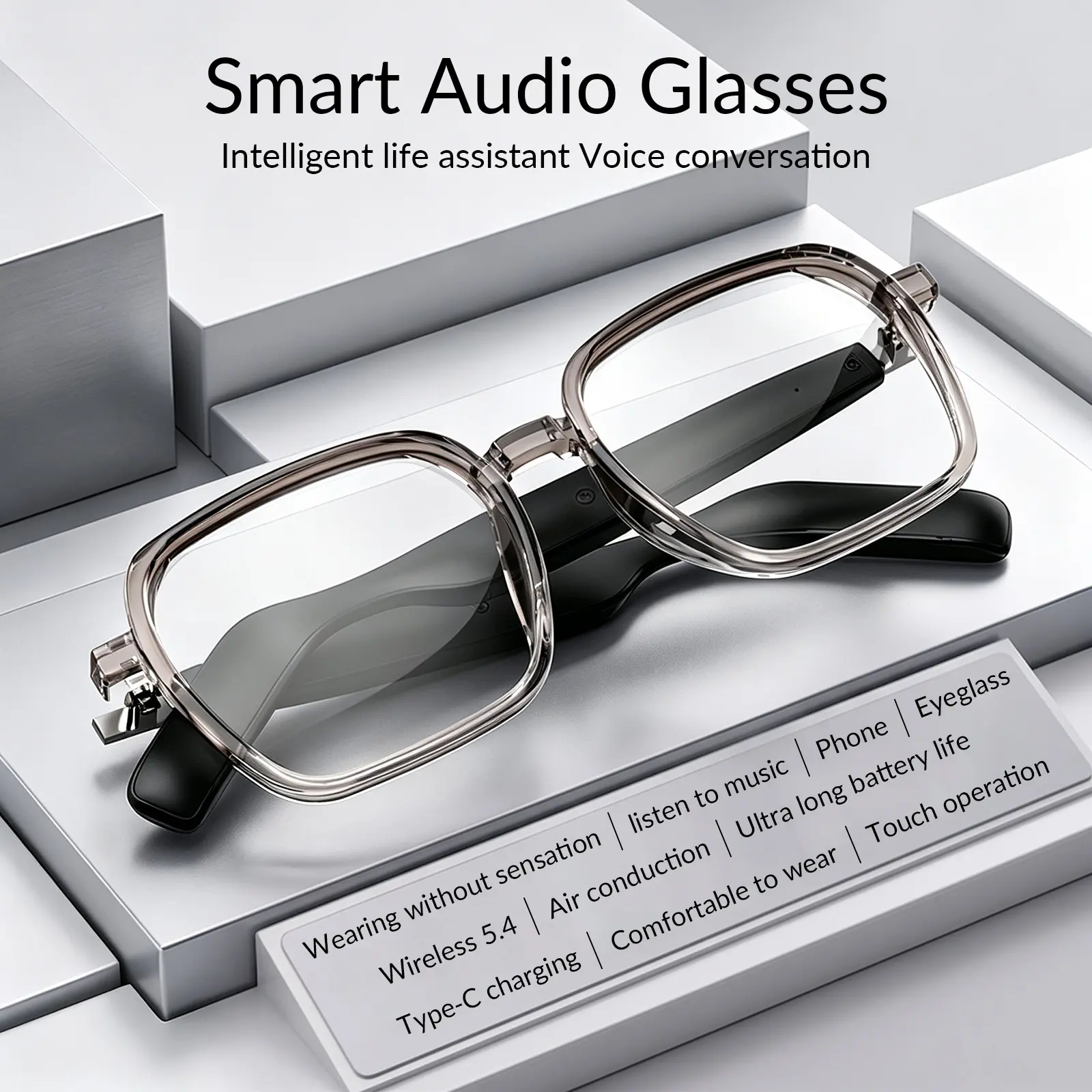 Wireless Bluetooth Smart Glasses, Touch Control Audio Glasses, Open Ear Headphones, Hands-Free Calling, Music Streaming, Voice Assistant, Lightweight Eyewear for Indoor & Outdoor