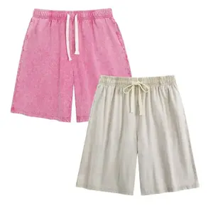 2Pcs Fashion Women's Acid Washed Shorts Athletic Vintage Short Cotton Heavyweight Elastic Waist Streetwear Sweatpants Unisex Design Perfect for Men & Women