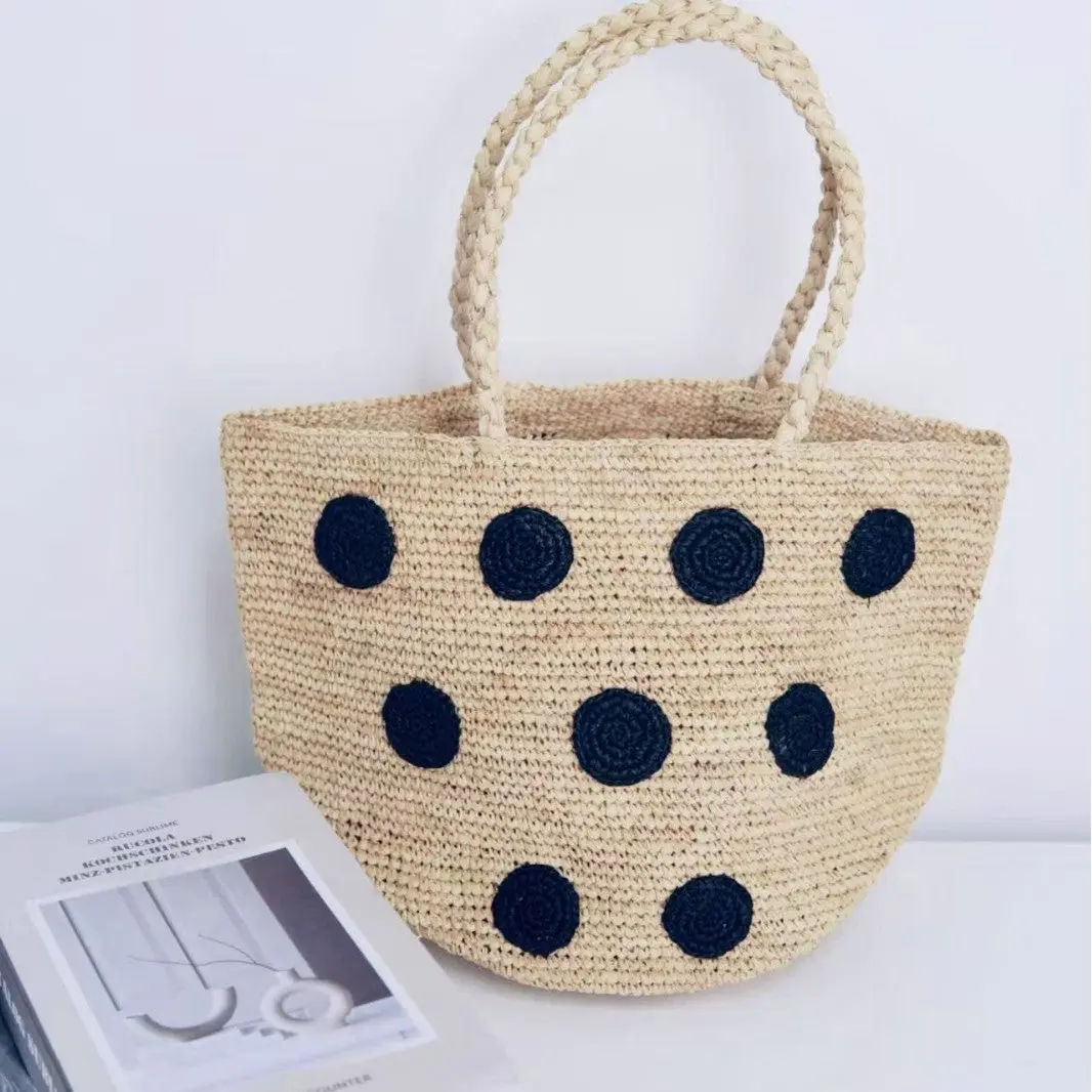 Women's Raffia Black Polka Dot Embroidered Bucket Bag - Open Top, Large Summer Shoulder Bag with Woven Shoulder Strap