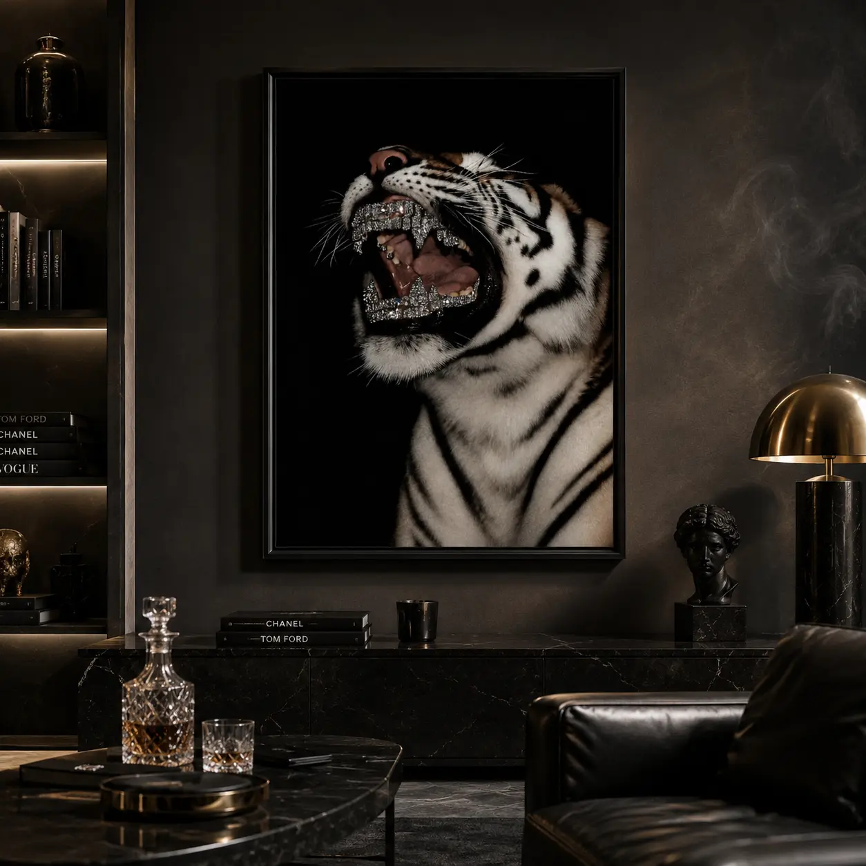 Diamond Grillz Tiger Canvas Wall Art, Dark Aesthetic Wild Animal Poster, Modern Cool Style Wall Print for Man Cave Bedroom Home Decor