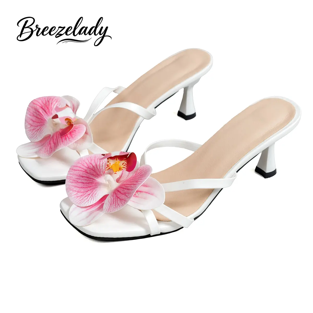 Women's 3D Orchid Floral Mules, Romantic Faux Leather Kitten Heels with Soft Matte Finish, Square Toe Slip On for Parties & Vacations, Flowers, Shorts