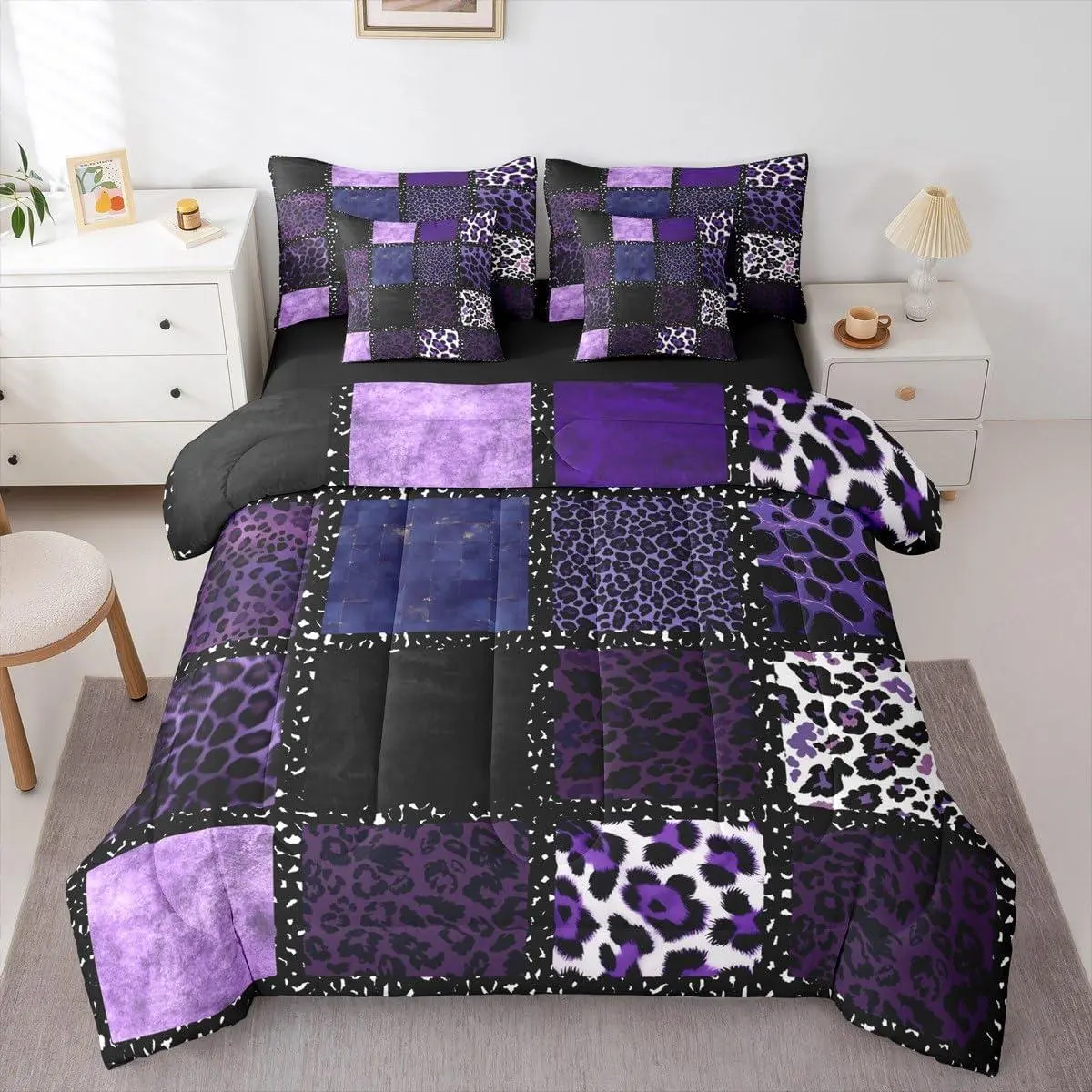 Feelyou 7-Piece Purple Leopard Print Queen Comforter Set - Animal Skin Texture Bed-in-a-Bag with Patchwork Geometric Design, Includes Comforter, Sheet Set, Pillowcases, Pillow Shams, Farmhouse Bedroom Decor, Bedding Sets, Bed Comforter Set
