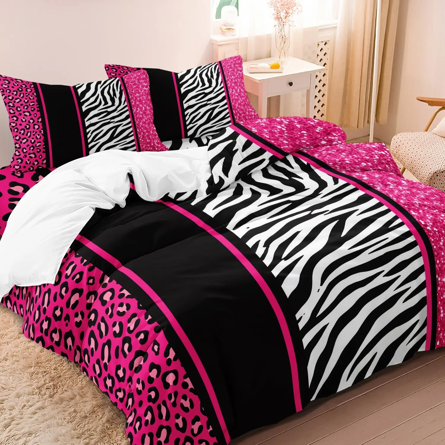 3pcs Decorative Duvet Cover Set In Red Leopard Print, Black Zebra Stripe With Shiny Finish, Soft And Comfortable, Comfy Bedding Sets, Printed Bedding Set, Leopard Bedding Set, Includes Two Pillowcases, Duvet Insert And Pillow Inserts Not Included