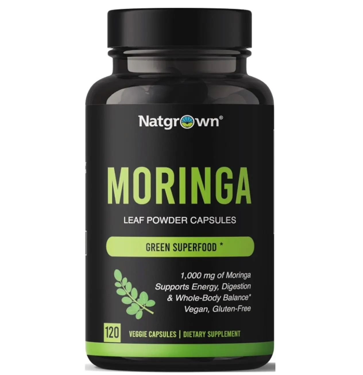 Natgrown Organic Moringa Capsules 1,000 mg - Pure Moringa Leaf Powder - Green Superfood Supplement - Vegan, Gluten-Free - 120 Capsules