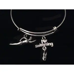 Swim Bracelet Silver Expandable Charm Bangle Love Swimming Sports Team Coach Gift Adjustable