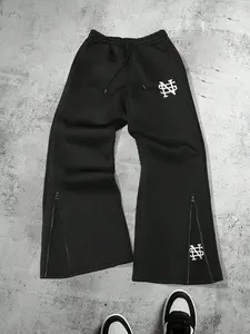 Men’s Black Flare Sweatpants with Logo Print, Elastic Waist Drawstring Pants with Side Zipper, Casual Streetwear Bootcut Trousers for Everyday, Hip-Hop & Summer Wear