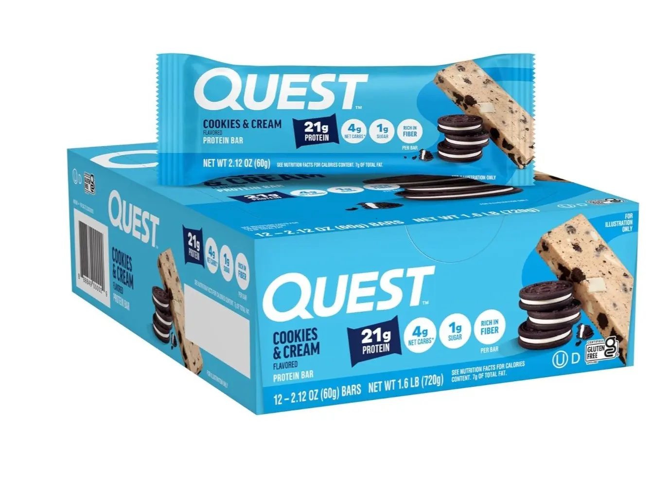 Quest Nutrition Cookies & Cream Protein Bars, 21g Protein, 1g Sugar, 4g Net Carb, Gluten Free, Keto Friendly, 12 Count