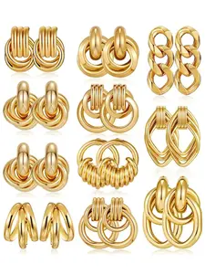 11 Pairs Trendy Gold Knot Earrings for Women Chunky Statement Long Link Drop Dangle Earrings Fashion Lightweight Hypoallergenic Hoop Earring Sets Jewelry Set