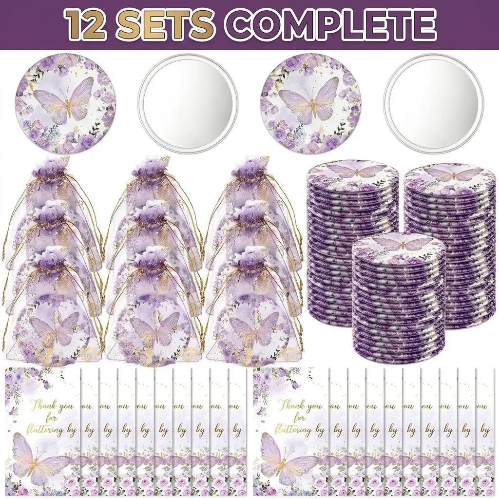 Butterfly-Themed Party Favor Set, 12 Compact Mirrors, 12 Thank You Cards, 12 Organza Bags, No Electricity, for Weddings, Birthdays, Wedding Favors