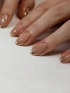 24pcs Simple Gold French Style Long Press-On Elliptical Shape False Nails Set Suitable For Women And Girls
